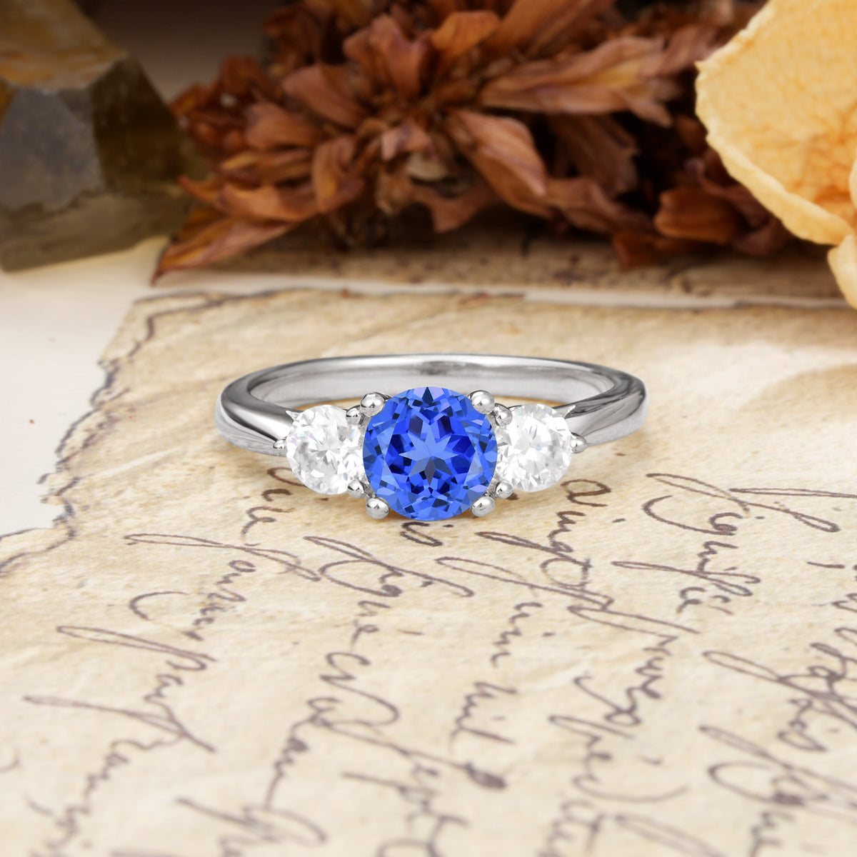 Luxurious Vintage 4 Prong Round Cut Sapphire Three Stone Wedding Ring - Additional view