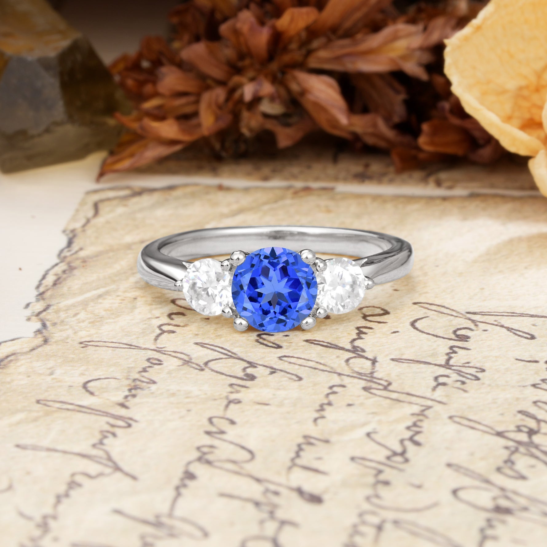 Luxurious Vintage 4 Prong Round Cut Sapphire Three Stone Wedding Ring - Additional view