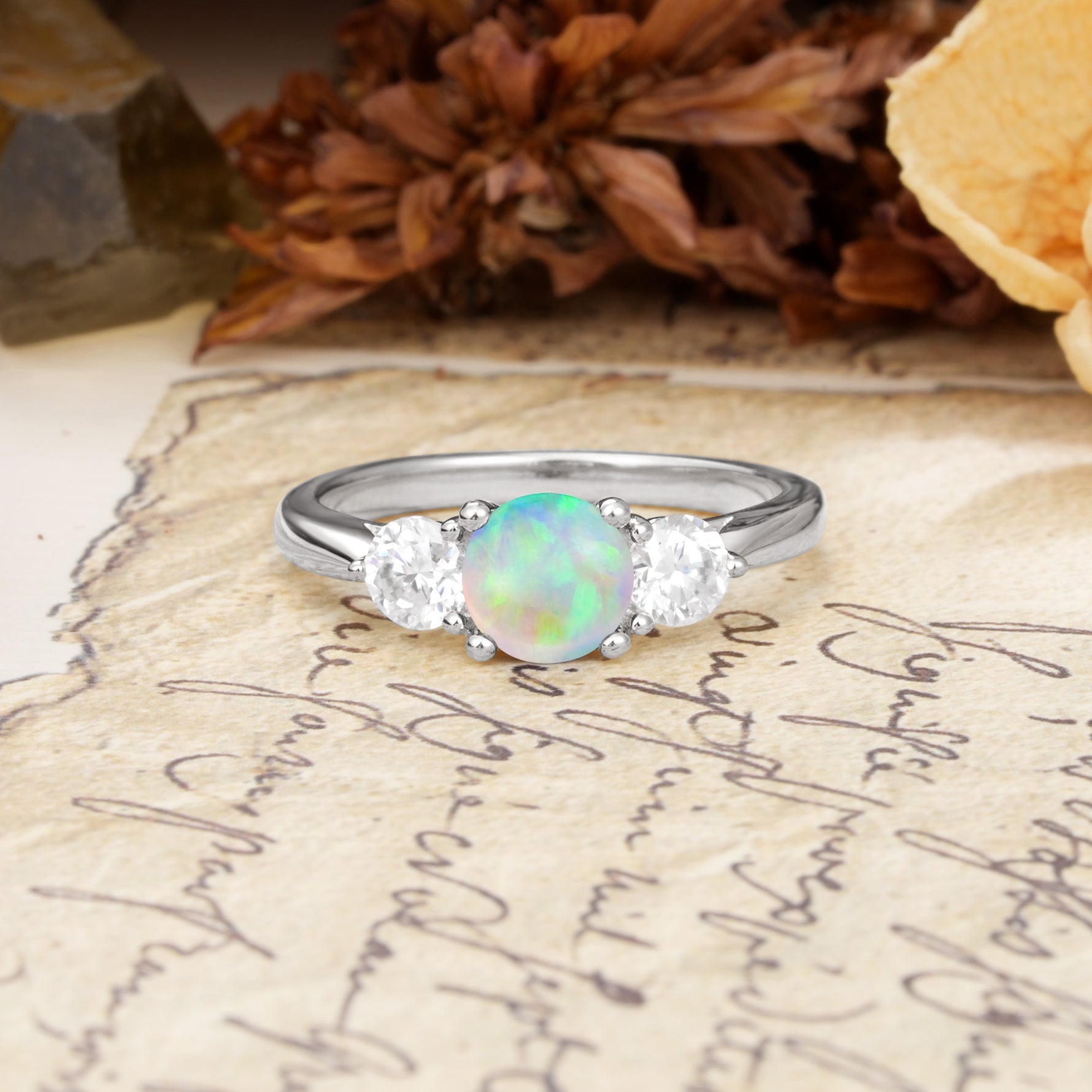 Luxurious Vintage 4 Prong Round Cut Fire Opal Three Stone Wedding Ring - Additional view
