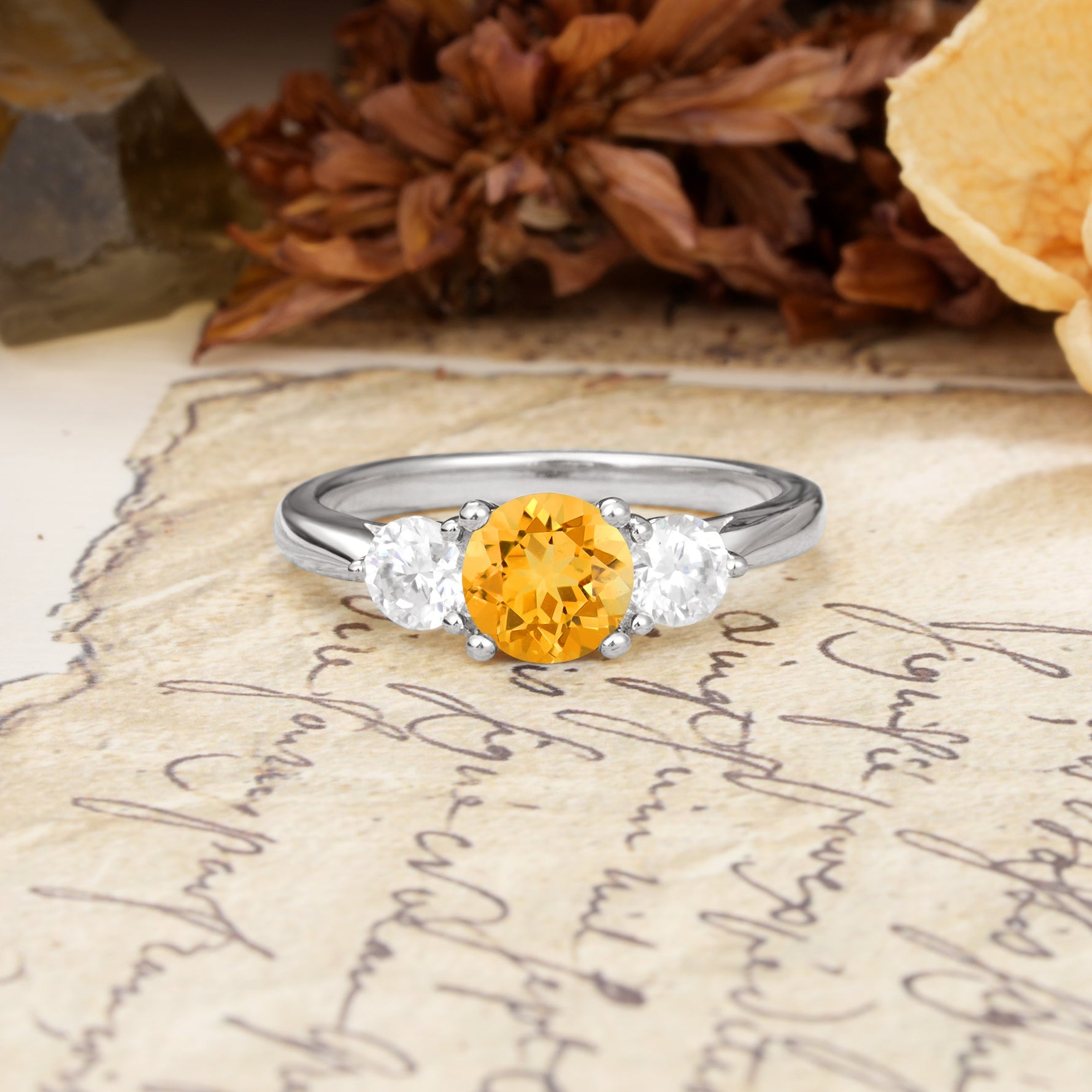 Luxurious Vintage 4 Prong Round Cut Citrine Three Stone Wedding Ring - Additional view