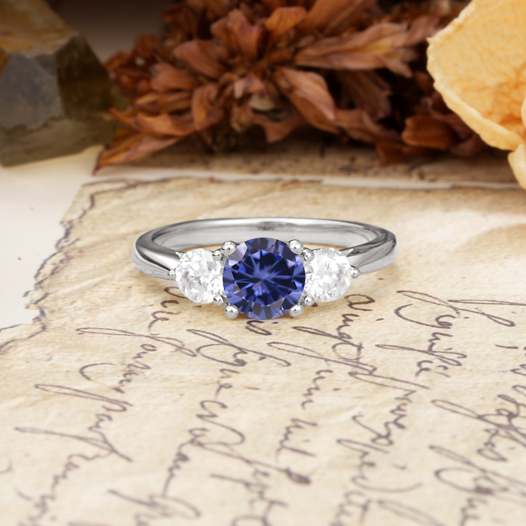 Luxurious Vintage 4 Prong Round Cut Tanzanite Three Stone Wedding Ring - Additional view