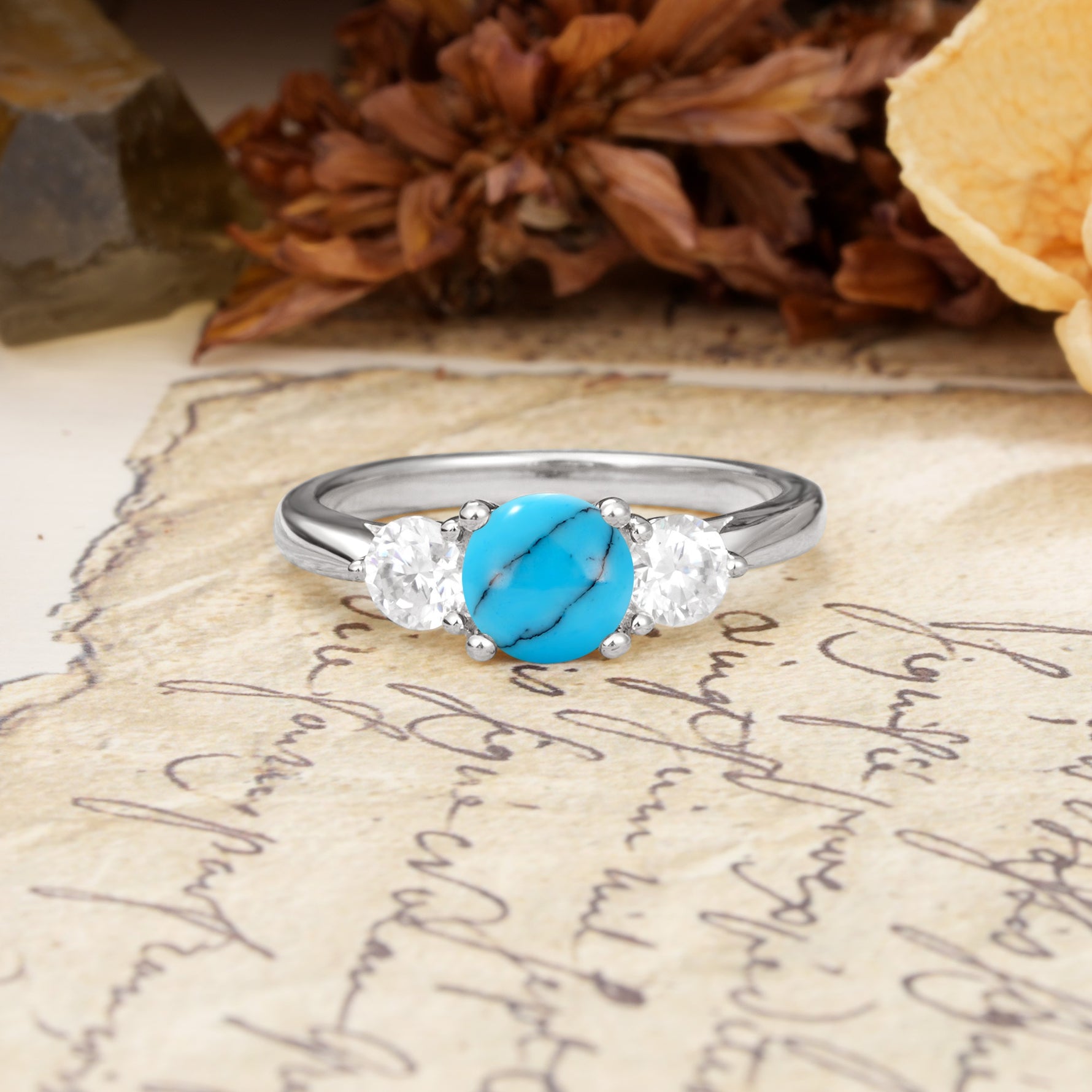 Luxurious Vintage 4 Prong Round Cut Turquoise Three Stone Wedding Ring - Additional view