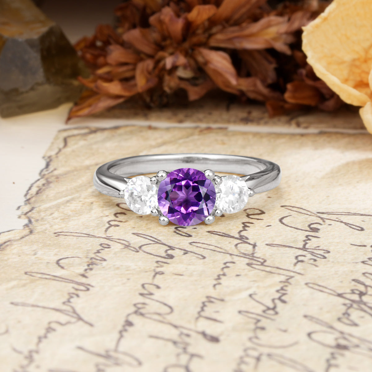 Luxurious Vintage 4 Prong Round Cut Amethyst Three Stone Wedding Ring - Additional view