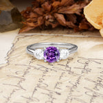 Luxurious Vintage 4 Prong Round Cut Amethyst Three Stone Wedding Ring - Additional view
