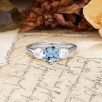 Luxurious Vintage 4 Prong Round Cut Aquamarine Three Stone Wedding Ring - Additional view