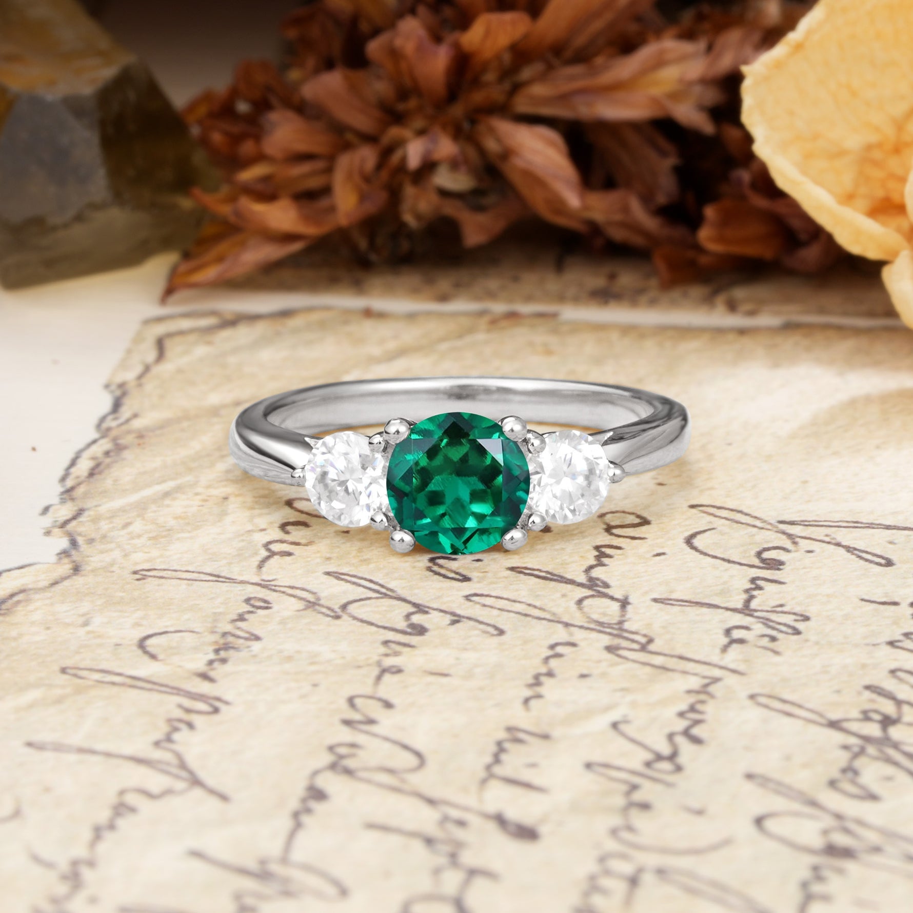 Luxurious Vintage 4 Prong Round Cut Emerald Three Stone Wedding Ring - Additional view