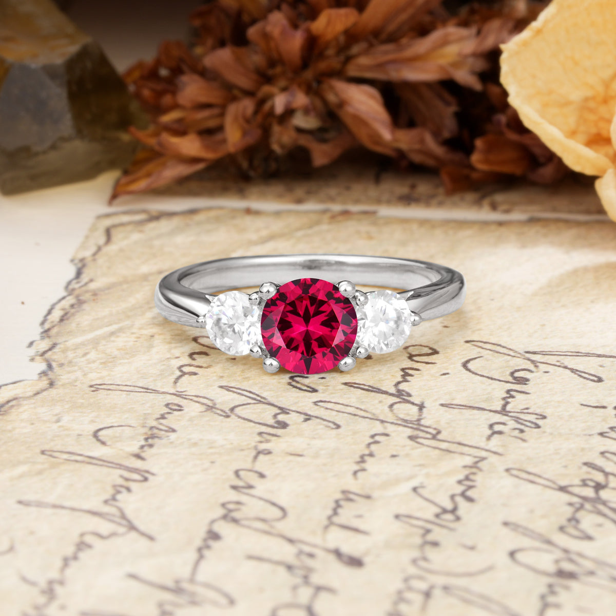 Luxurious Vintage 4 Prong Round Cut Ruby Three Stone Wedding Ring - Additional view