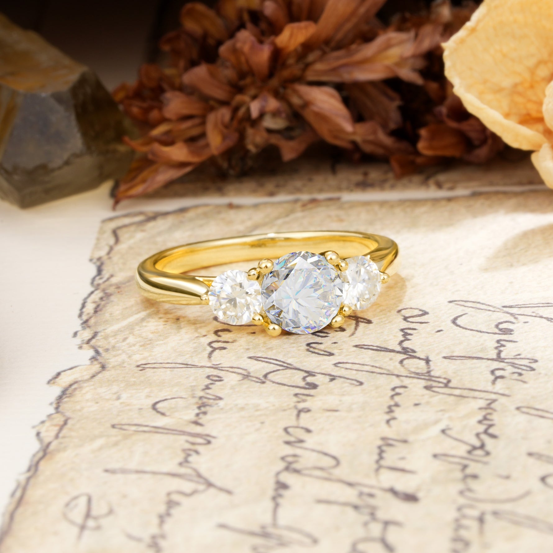 Luxurious Vintage 4 Prong Round Cut Moissanite Three Stone Wedding Ring - Additional view