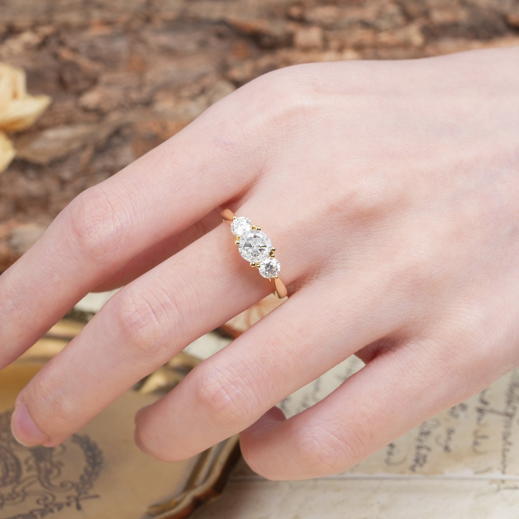 Luxurious Vintage 4 Prong Round Cut Moissanite Three Stone Wedding Ring - Additional view