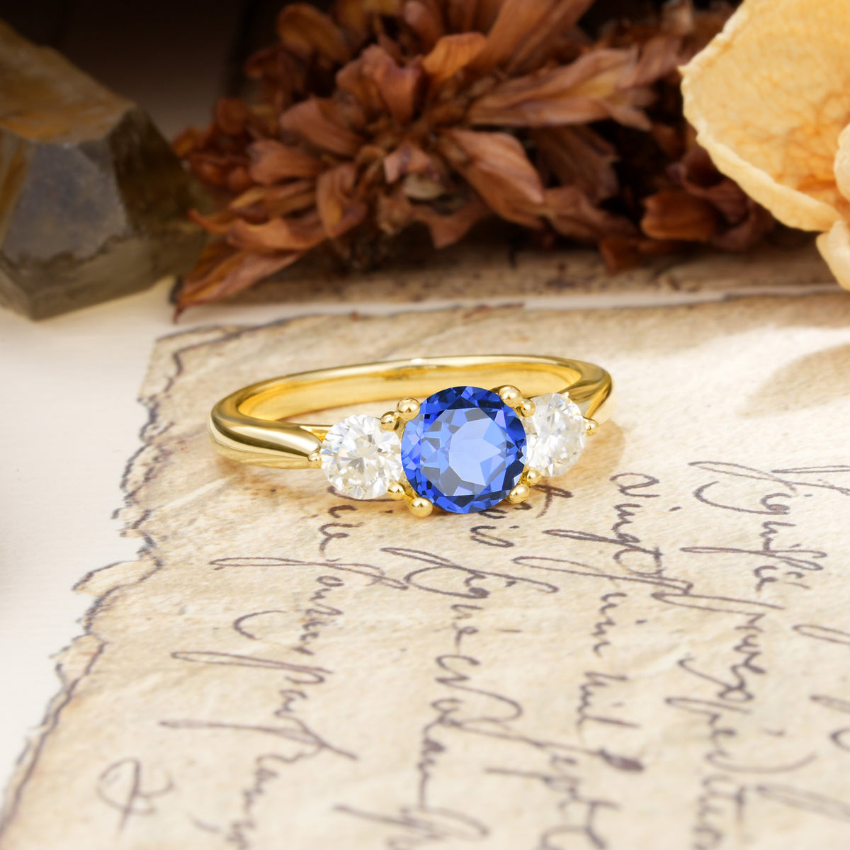 Luxurious Vintage 4 Prong Round Cut Sapphire Three Stone Wedding Ring - Additional view