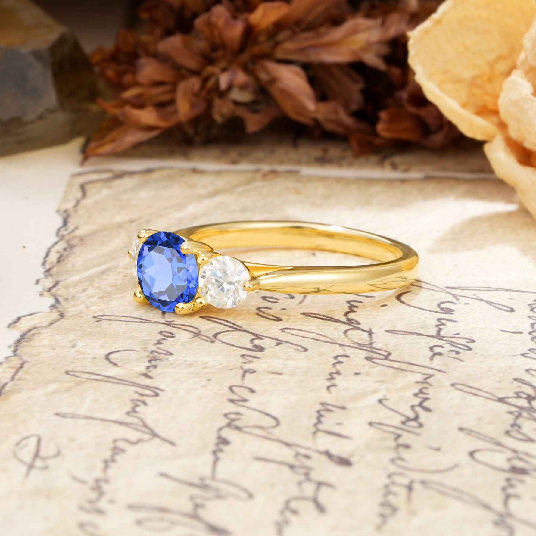 Luxurious Vintage 4 Prong Round Cut Sapphire Three Stone Wedding Ring - Additional view