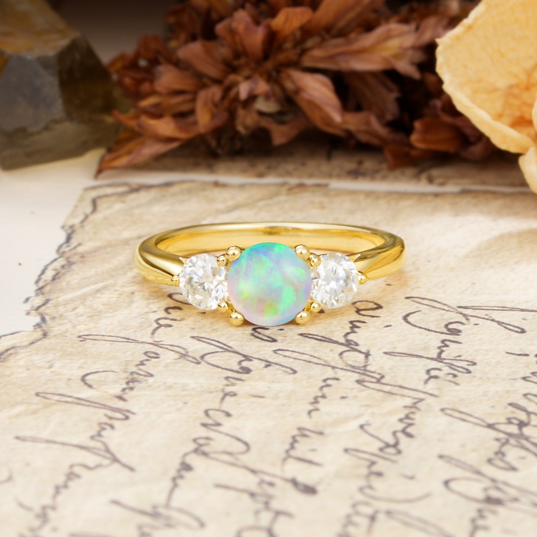 Luxurious Vintage 4 Prong Round Cut Fire Opal Three Stone Wedding Ring - Additional view