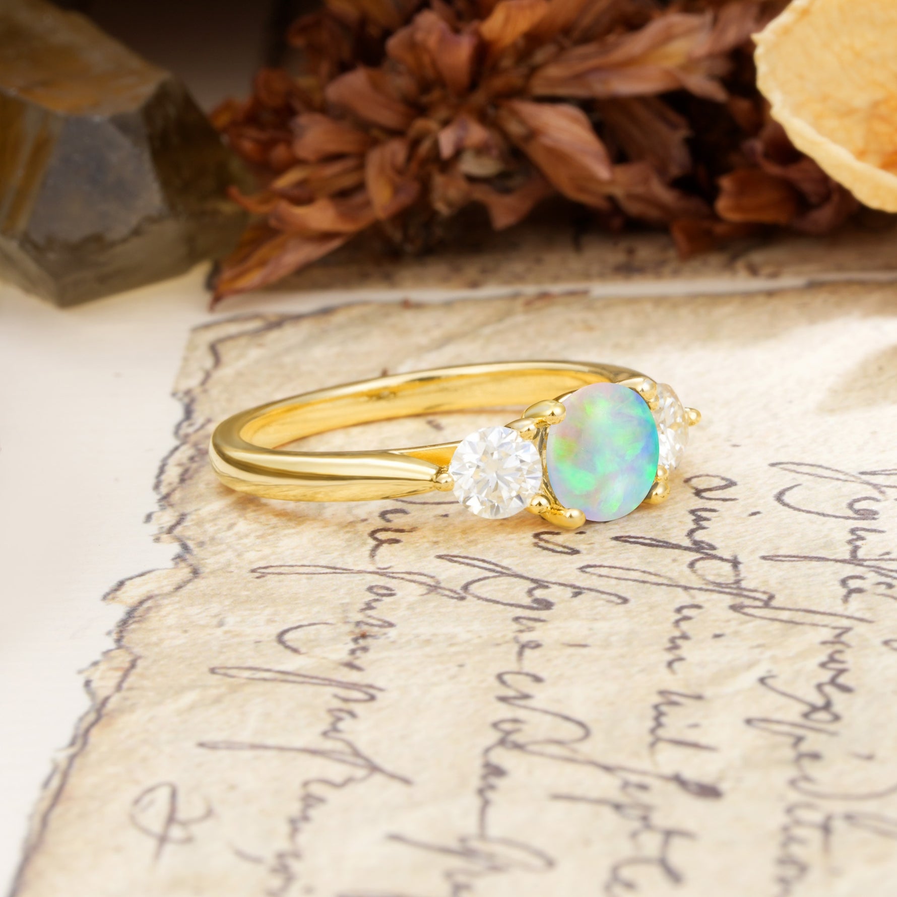 Luxurious Vintage 4 Prong Round Cut Fire Opal Three Stone Wedding Ring - Additional view