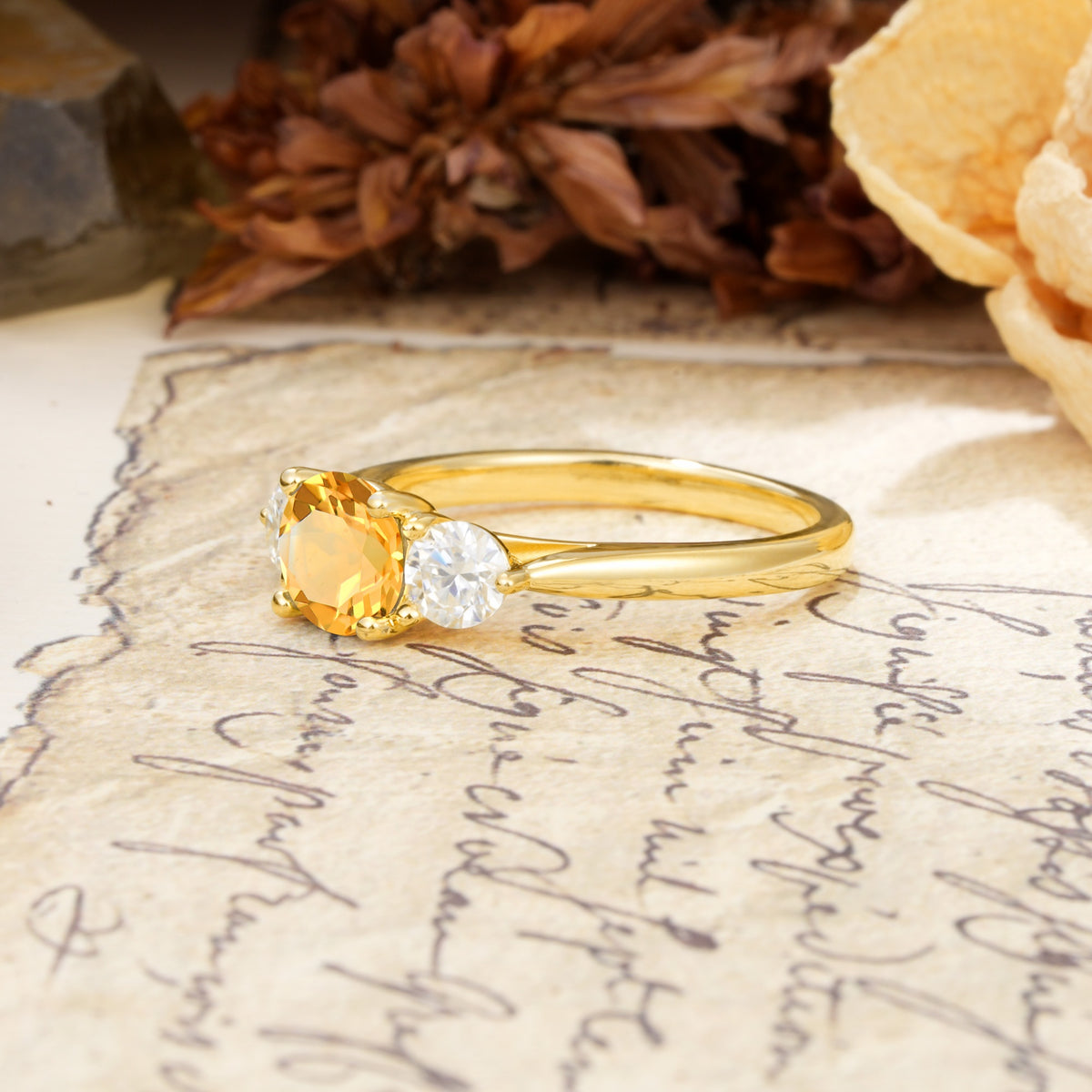 Luxurious Vintage 4 Prong Round Cut Citrine Three Stone Wedding Ring - Additional view