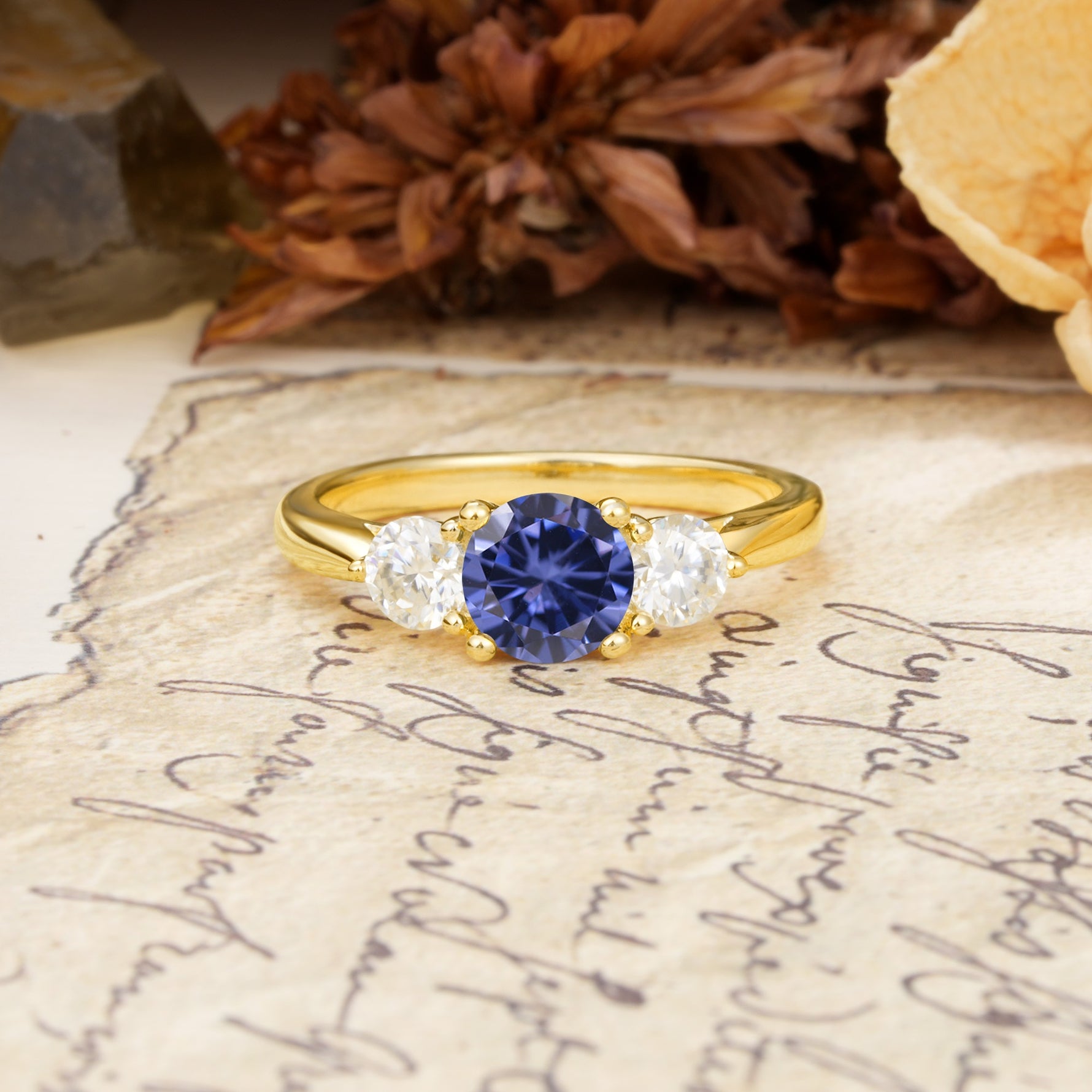 Luxurious Vintage 4 Prong Round Cut Tanzanite Three Stone Wedding Ring - Additional view