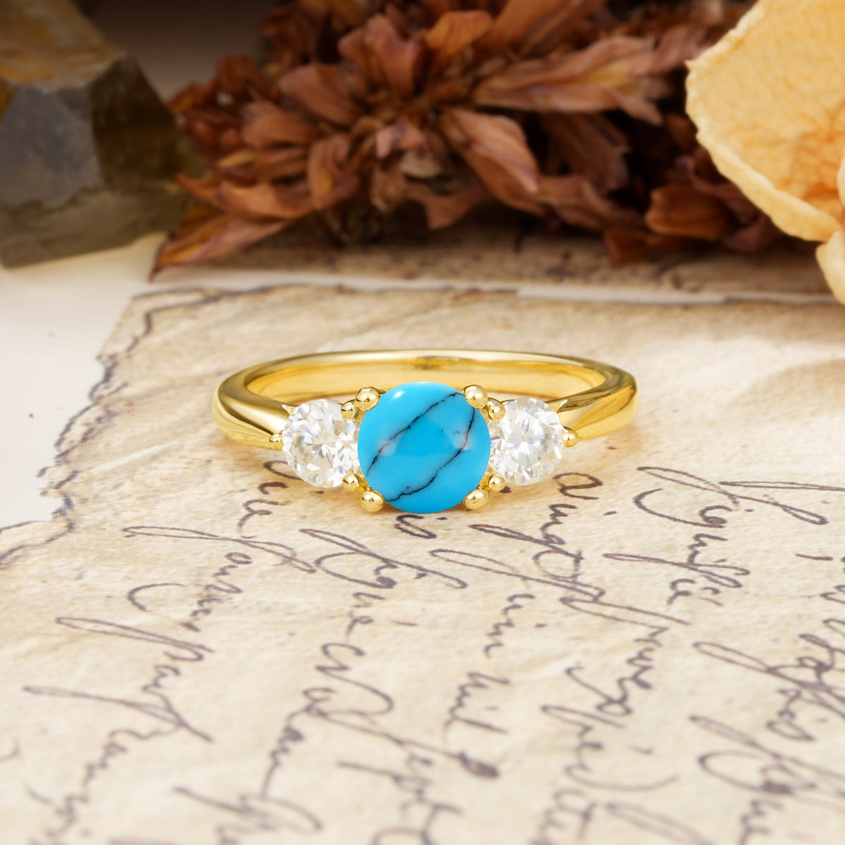 Luxurious Vintage 4 Prong Round Cut Turquoise Three Stone Wedding Ring - Additional view