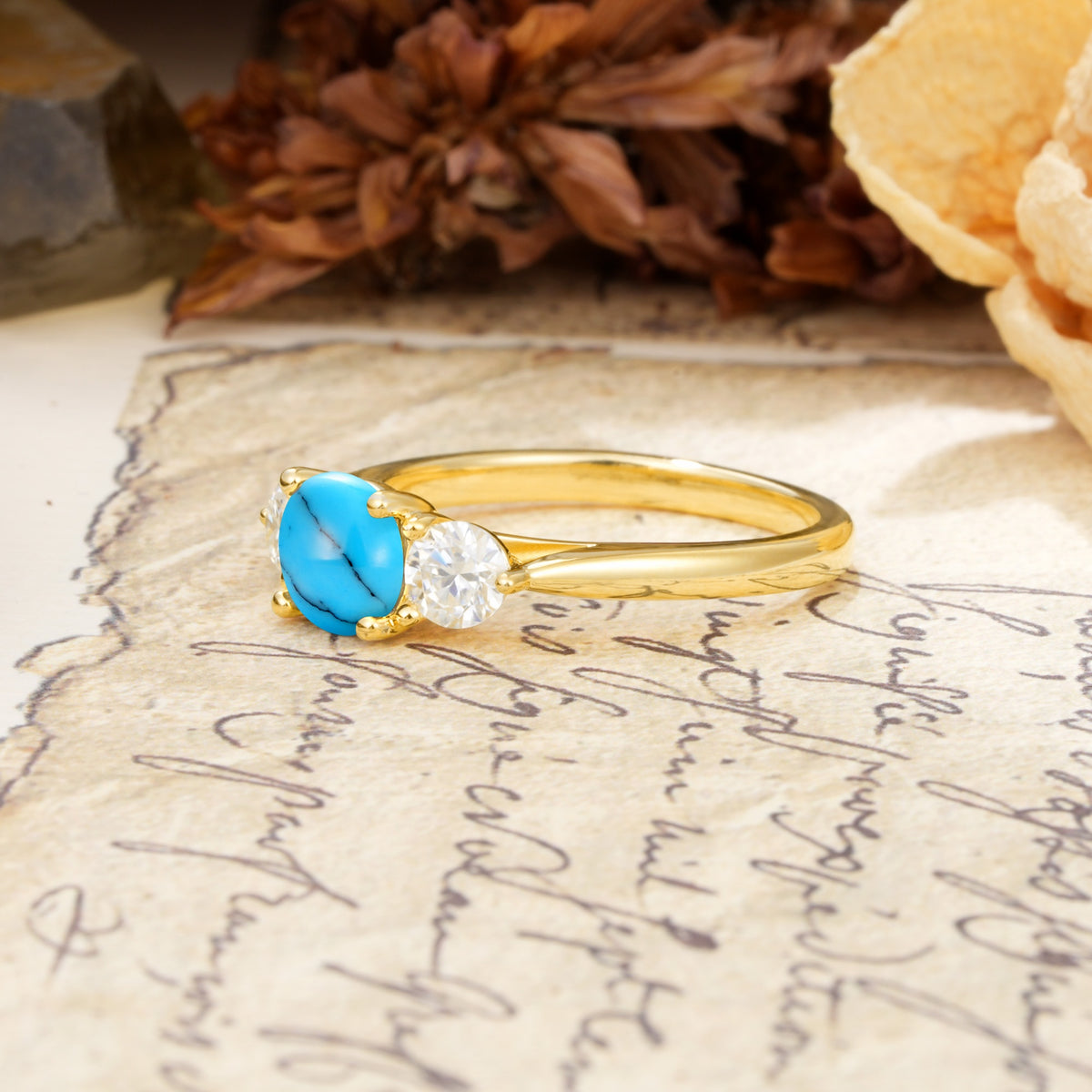 Luxurious Vintage 4 Prong Round Cut Turquoise Three Stone Wedding Ring - Additional view