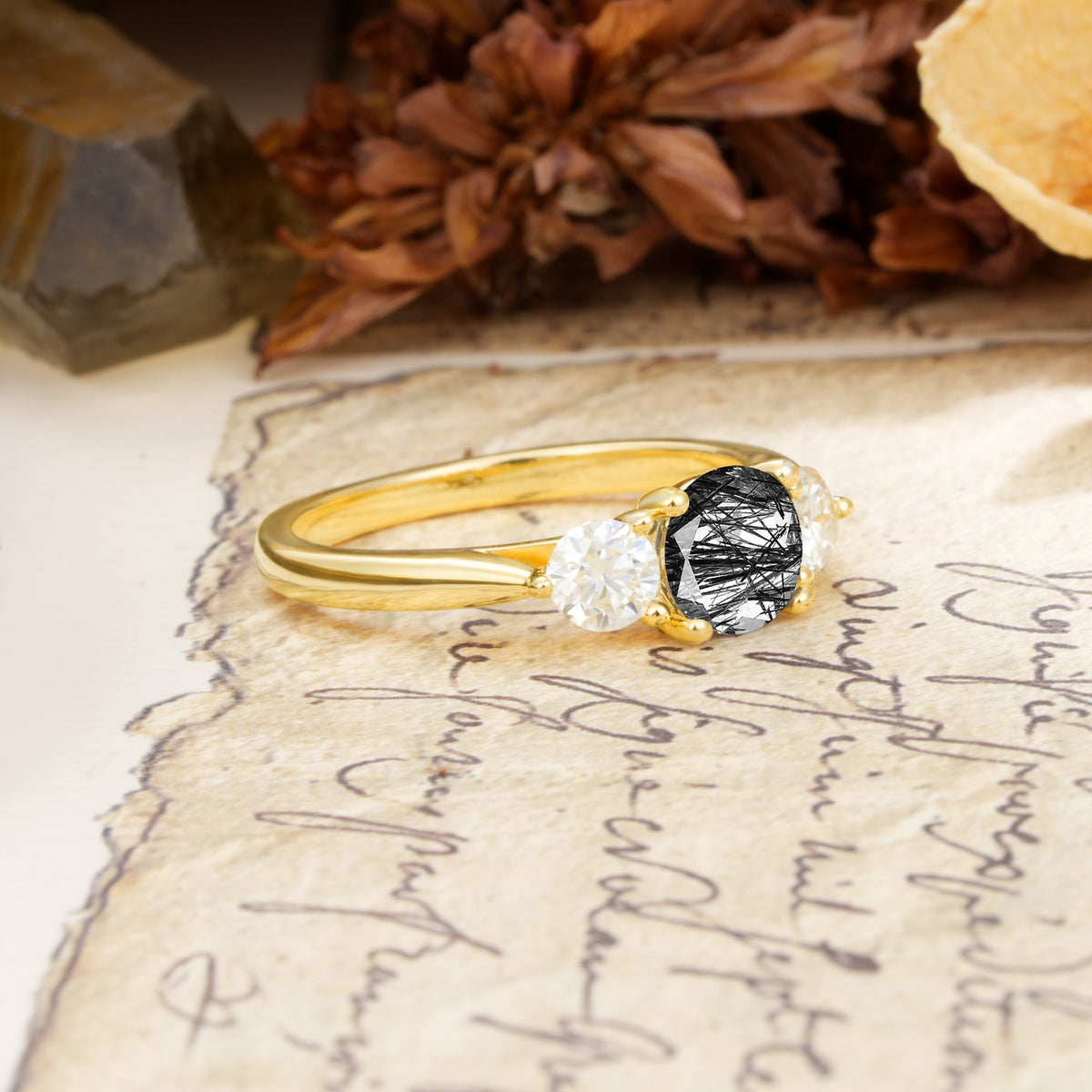 Luxurious Vintage 4 Prong Round Cut Black Rutilated Quartz Three Stone Wedding Ring - Additional view