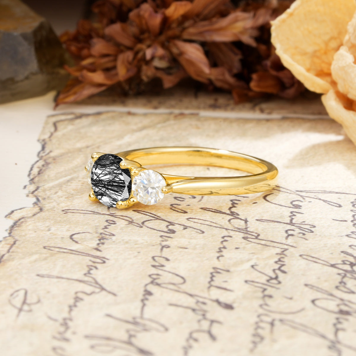 Luxurious Vintage 4 Prong Round Cut Black Rutilated Quartz Three Stone Wedding Ring - Additional view