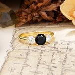 Luxurious Vintage 4 Prong Round Cut Black Onyx Three Stone Wedding Ring - Additional view