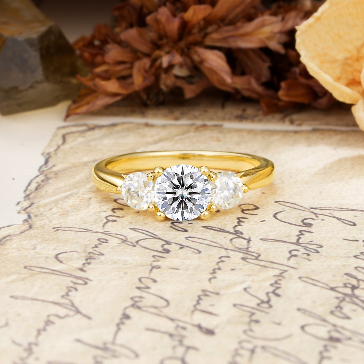 Luxurious Vintage 4 Prong Round Cut Lab Diamond Three Stone Wedding Ring - Additional view
