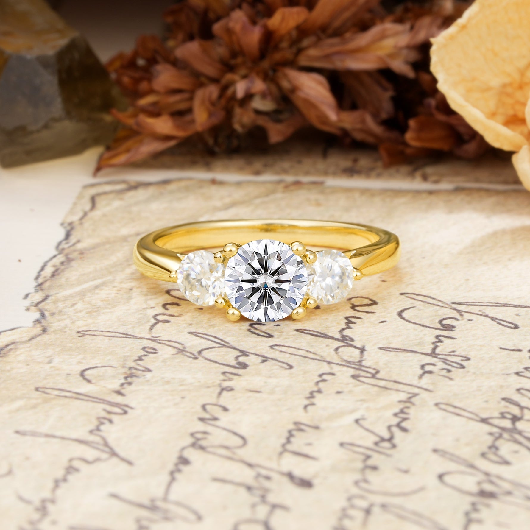 Luxurious Vintage 4 Prong Round Cut Lab Diamond Three Stone Wedding Ring - Additional view