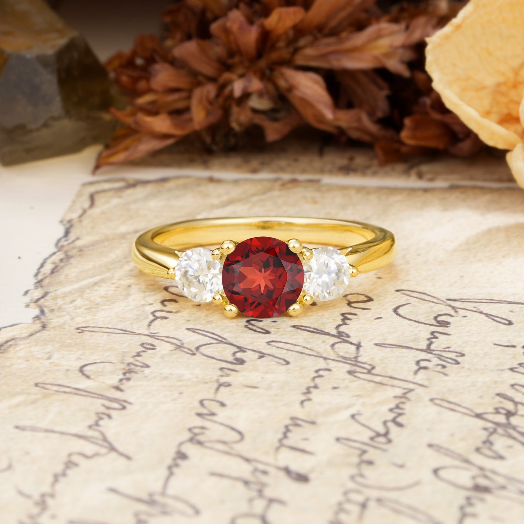 Luxurious Vintage 4 Prong Round Cut Garnet Three Stone Wedding Ring - Additional view