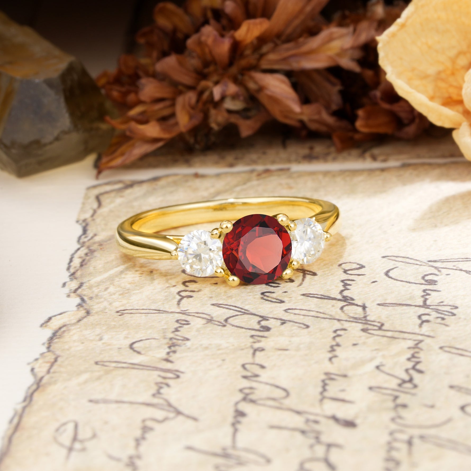 Luxurious Vintage 4 Prong Round Cut Garnet Three Stone Wedding Ring - Additional view