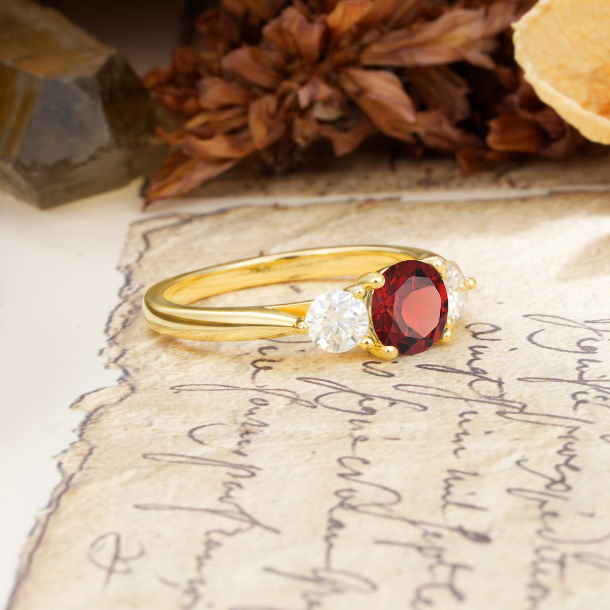 Luxurious Vintage 4 Prong Round Cut Garnet Three Stone Wedding Ring - Additional view