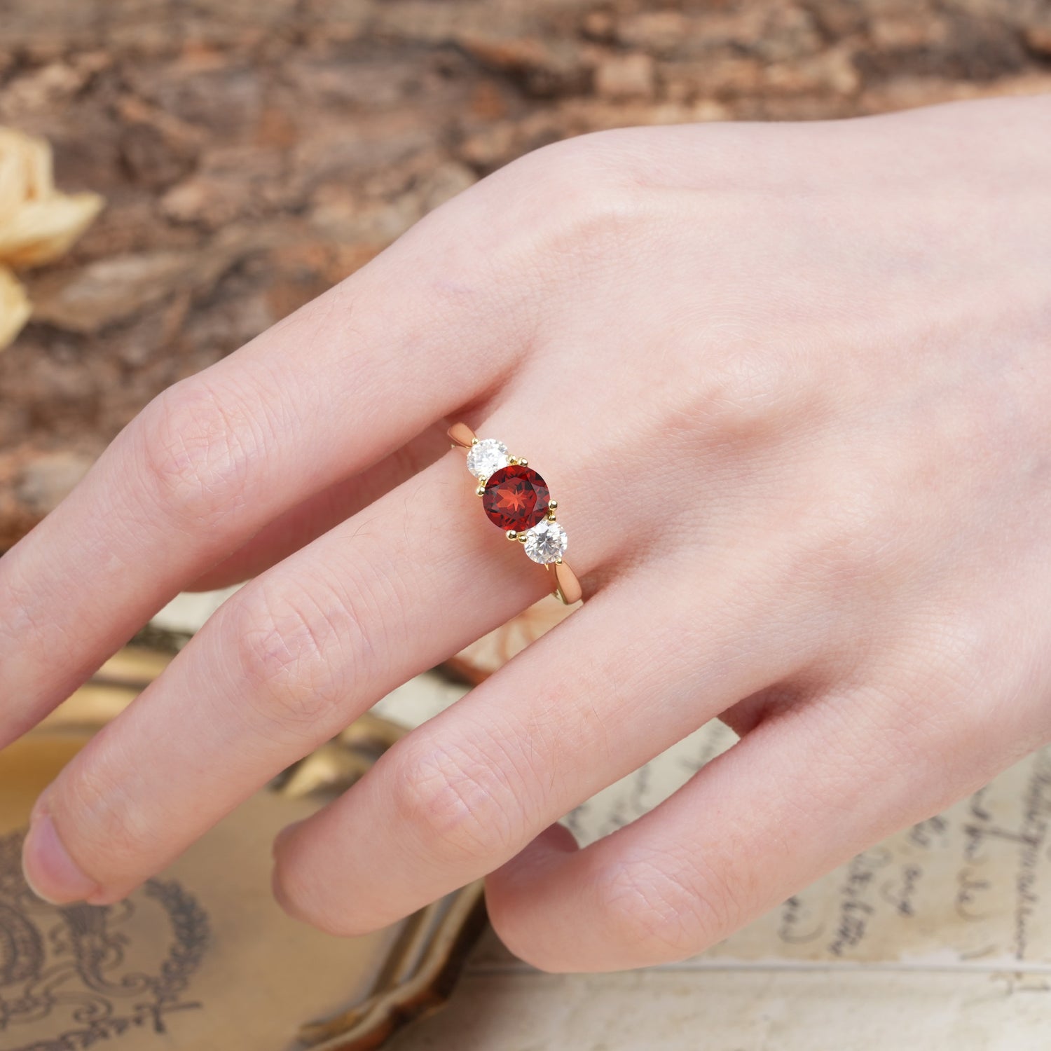 Luxurious Vintage 4 Prong Round Cut Garnet Three Stone Wedding Ring - Additional view