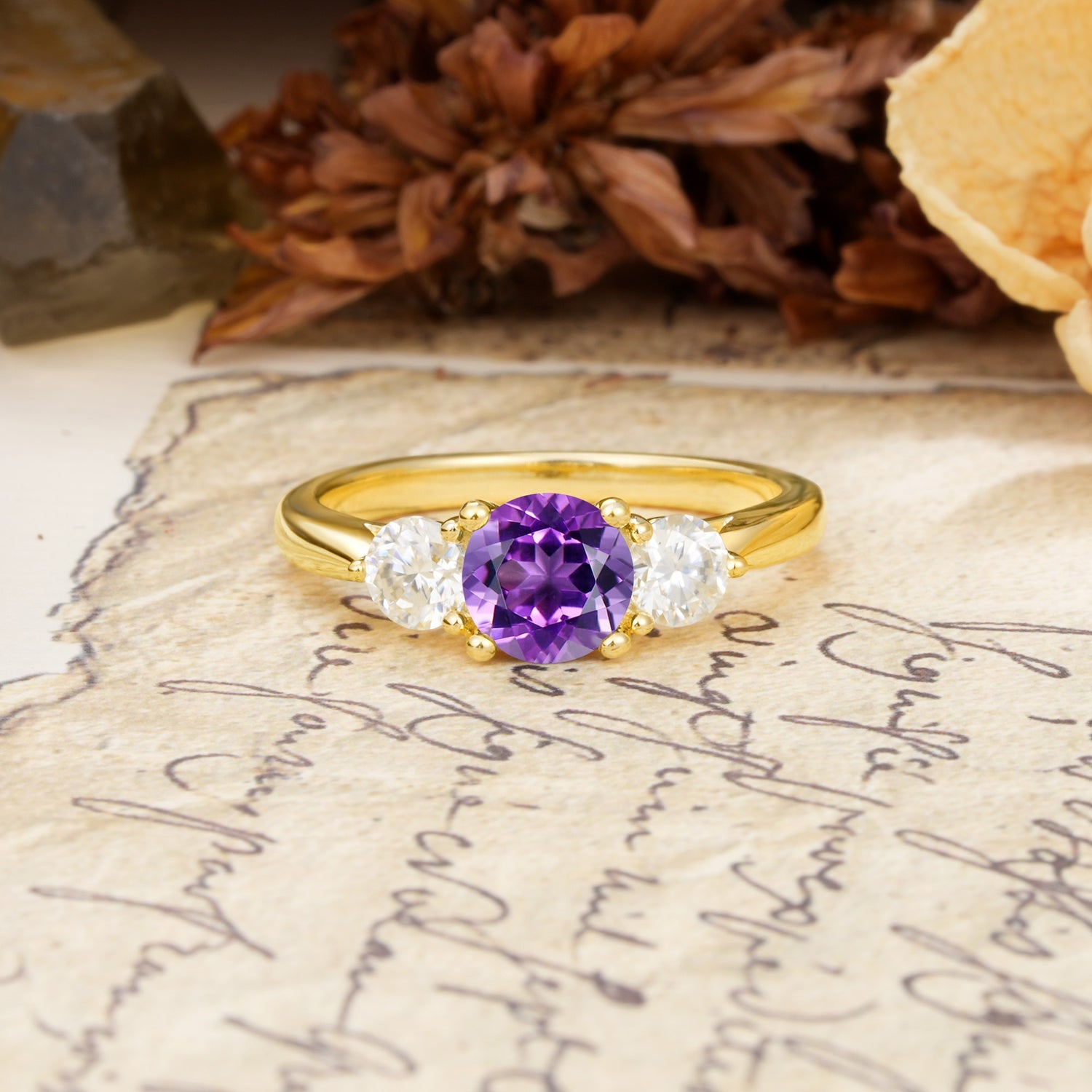 Luxurious Vintage 4 Prong Round Cut Amethyst Three Stone Wedding Ring - Additional view