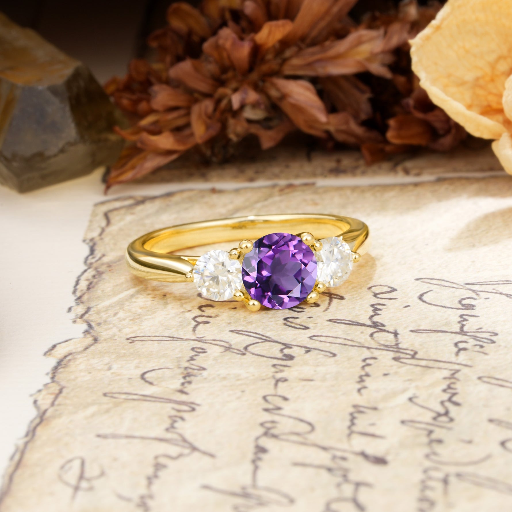 Luxurious Vintage 4 Prong Round Cut Amethyst Three Stone Wedding Ring - Additional view