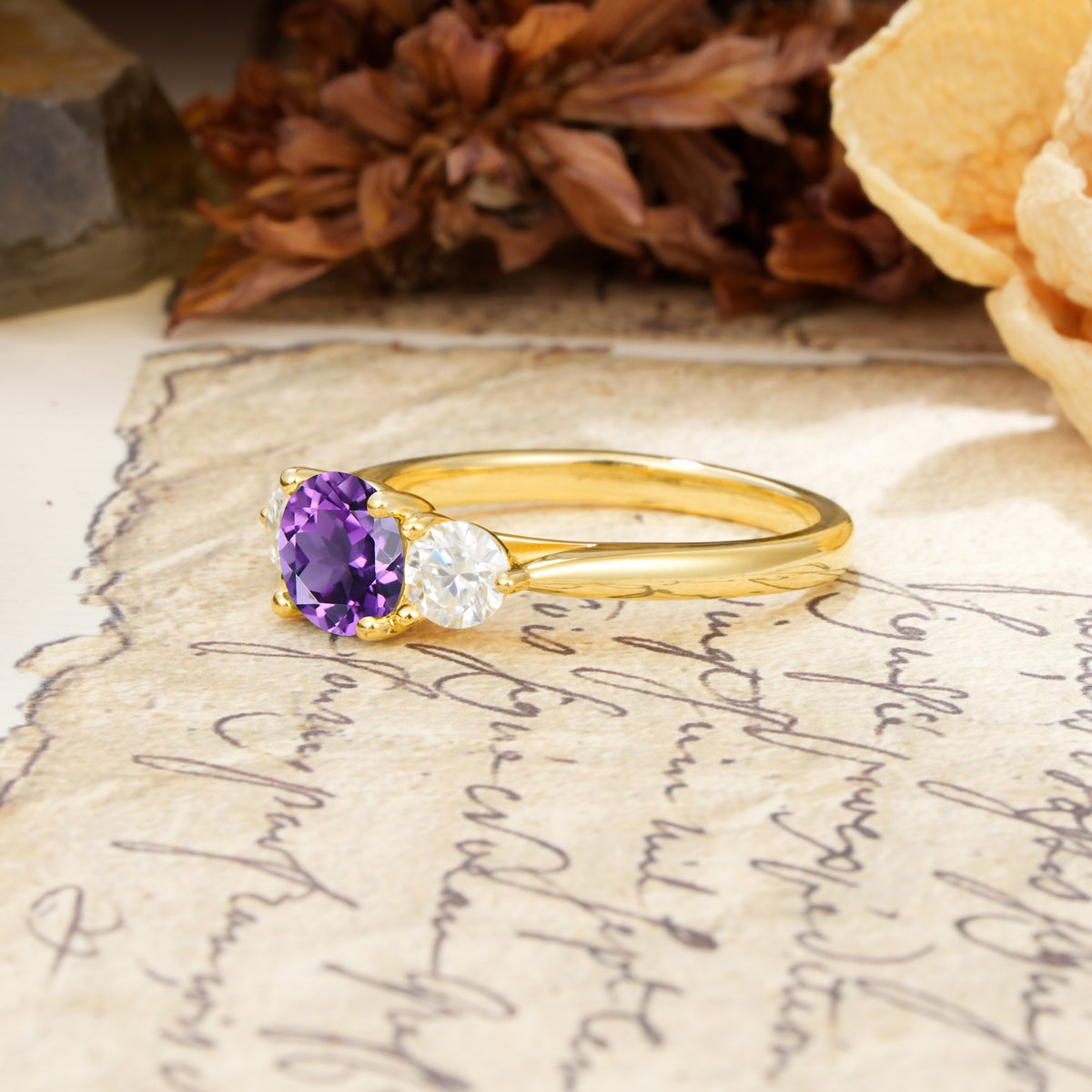 Luxurious Vintage 4 Prong Round Cut Amethyst Three Stone Wedding Ring - Additional view