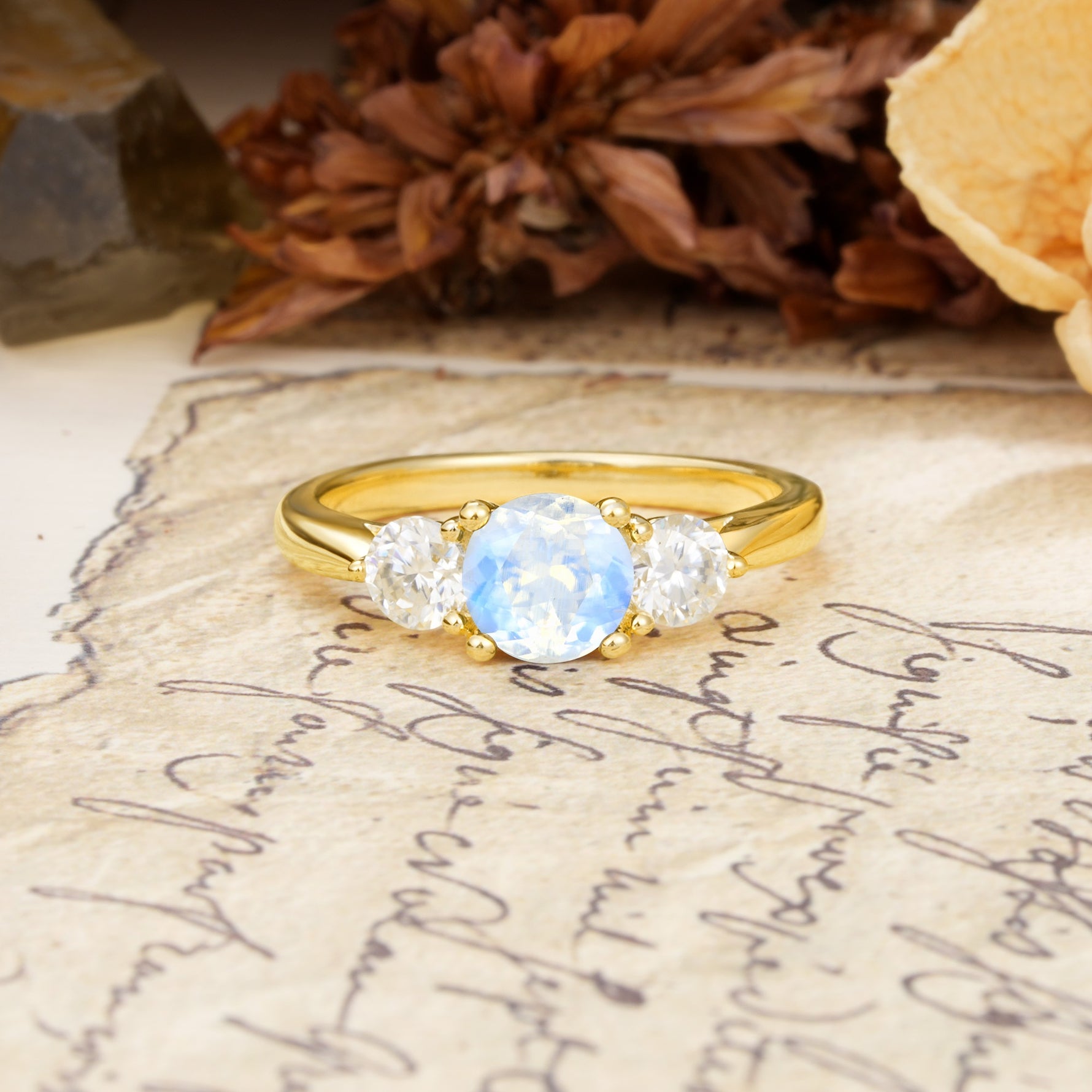 Luxurious Vintage 4 Prong Round Cut Moonstone Three Stone Wedding Ring - Additional view