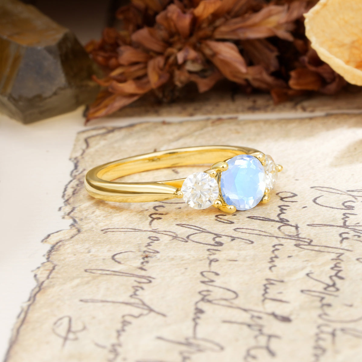 Luxurious Vintage 4 Prong Round Cut Moonstone Three Stone Wedding Ring - Additional view