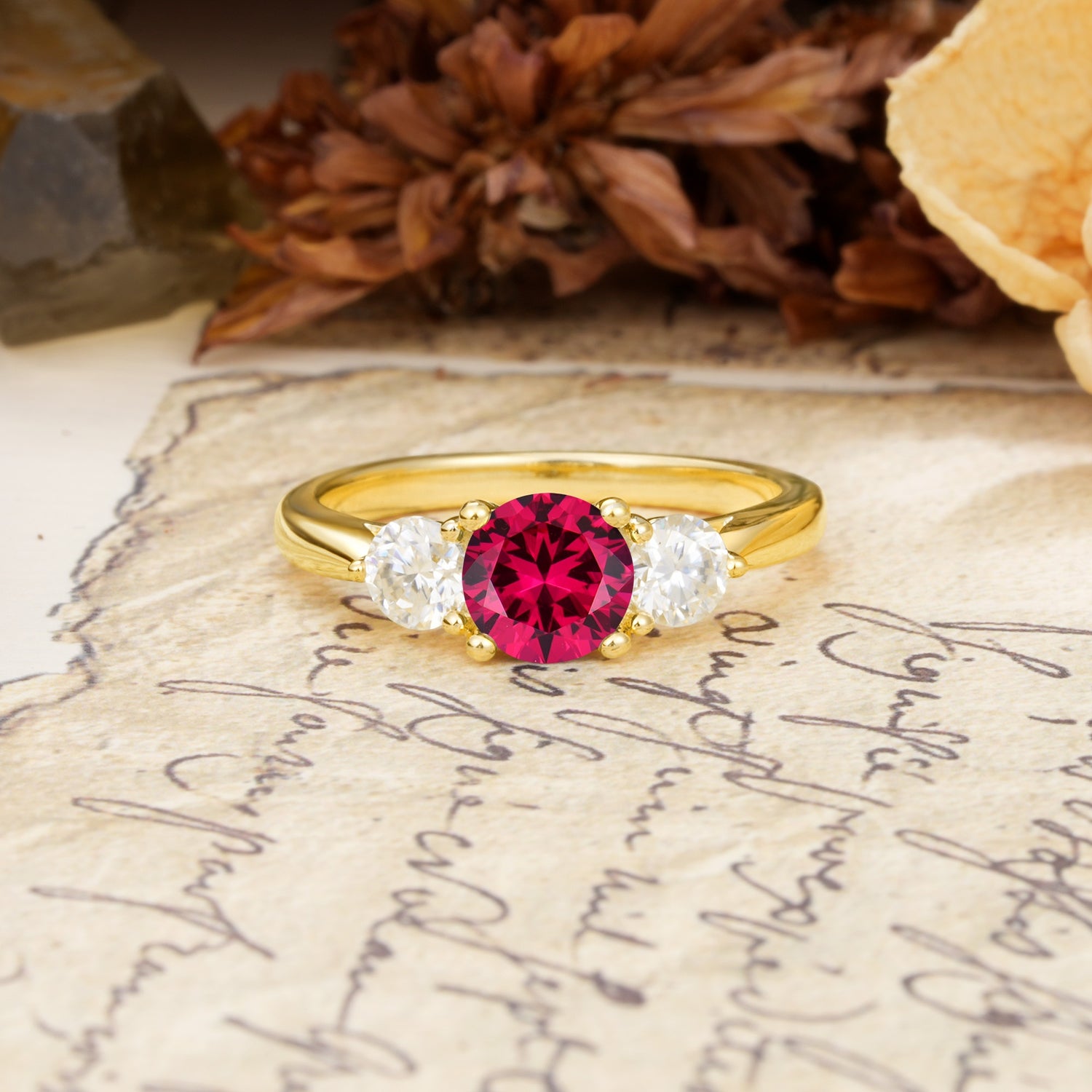 Luxurious Vintage 4 Prong Round Cut Ruby Three Stone Wedding Ring - Additional view