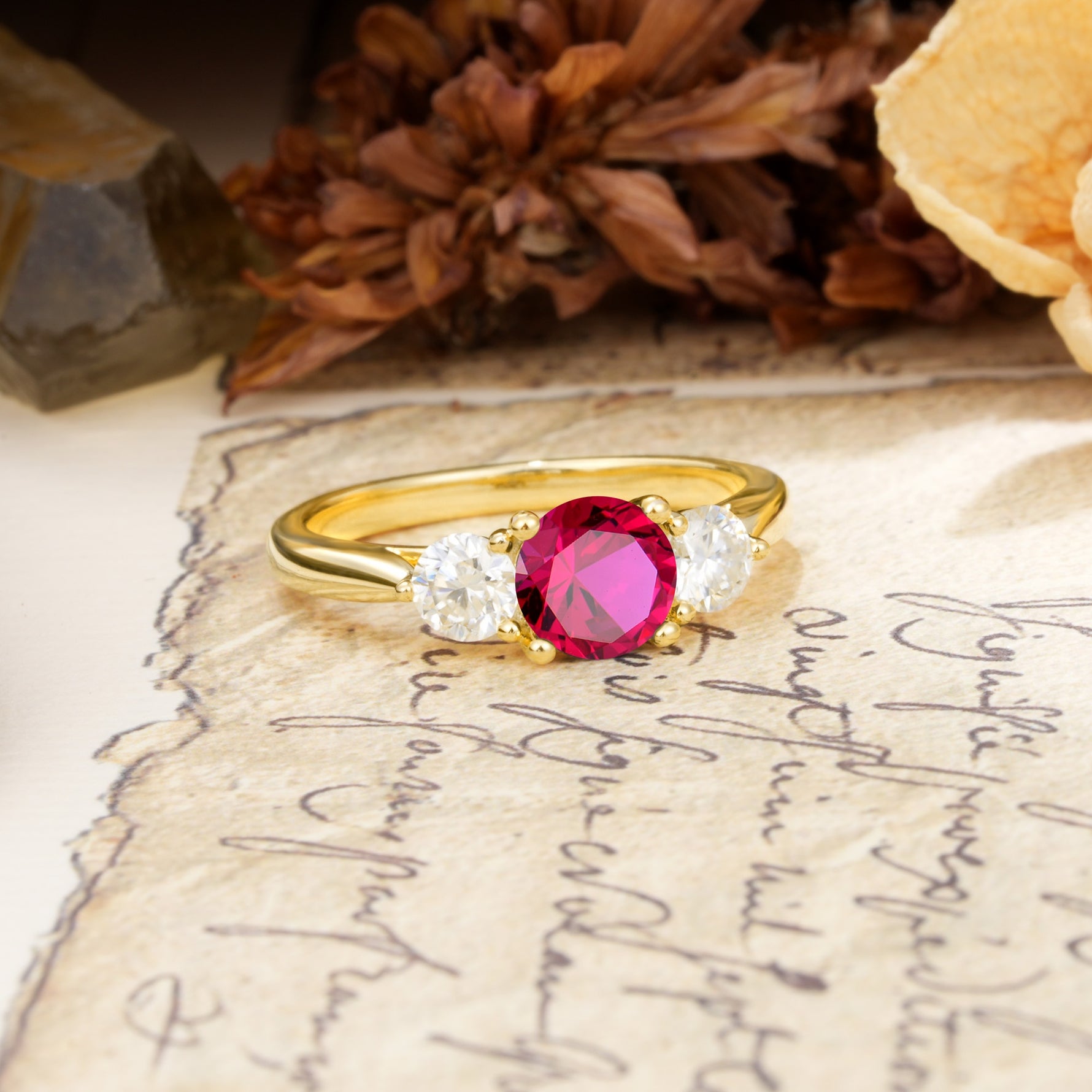 Luxurious Vintage 4 Prong Round Cut Ruby Three Stone Wedding Ring - Additional view