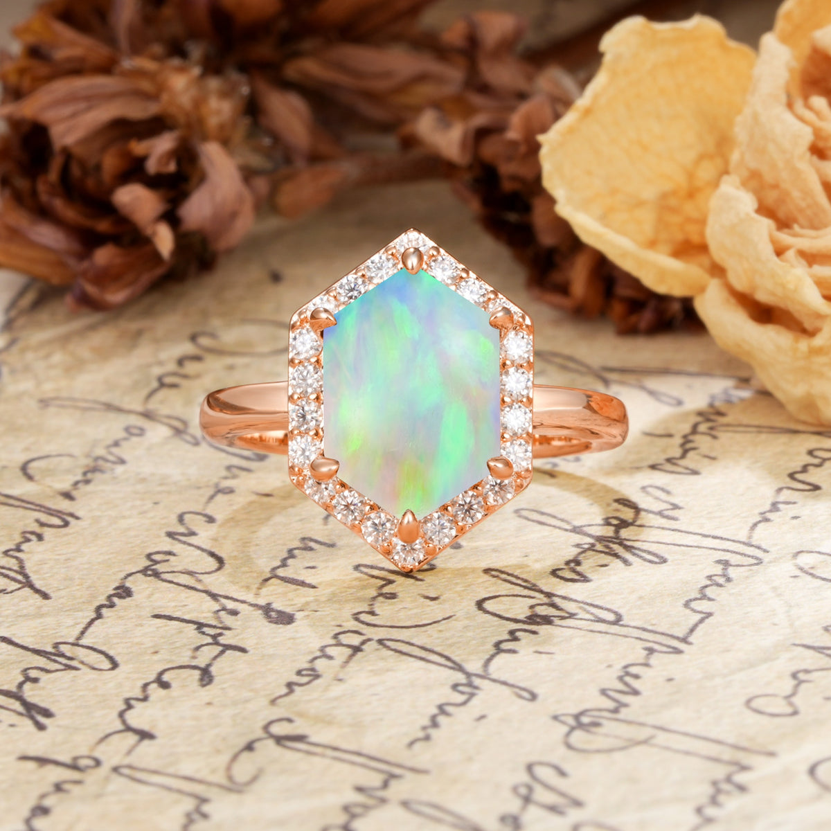 Luxurious Vintage 6-Prong Hexagonal Cut Fire Opal Engagement Ring - Additional view