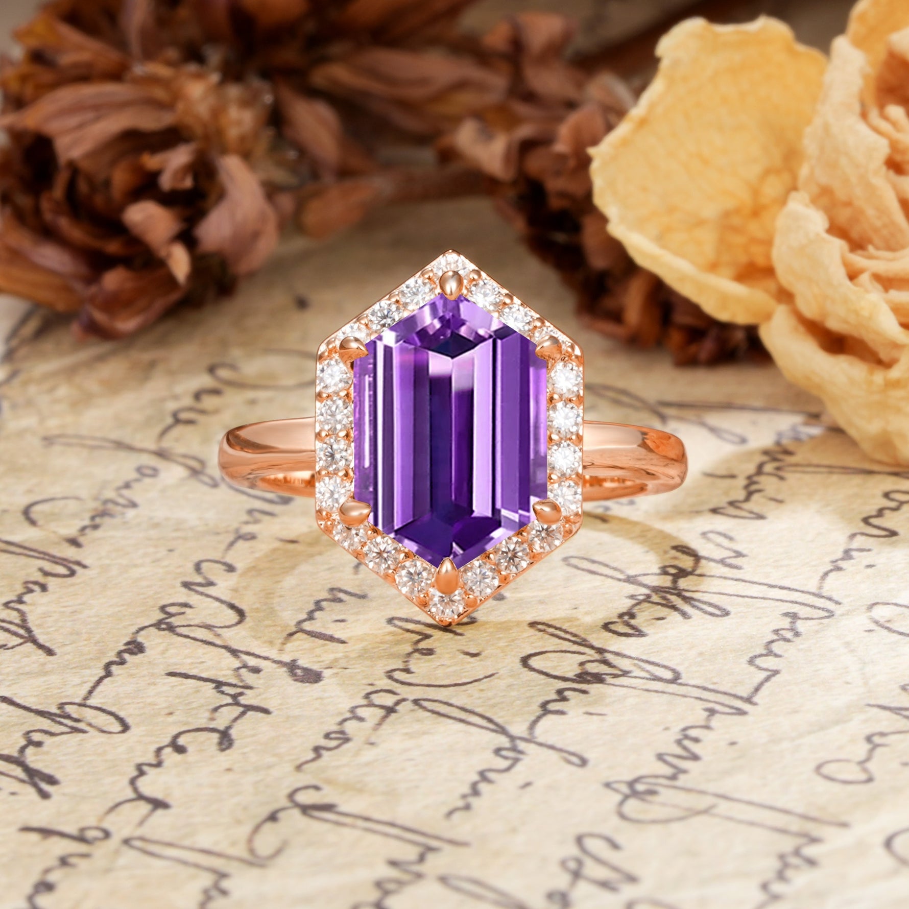 Luxurious Vintage 6-Prong Hexagonal Cut Amethyst Engagement Ring - Additional view