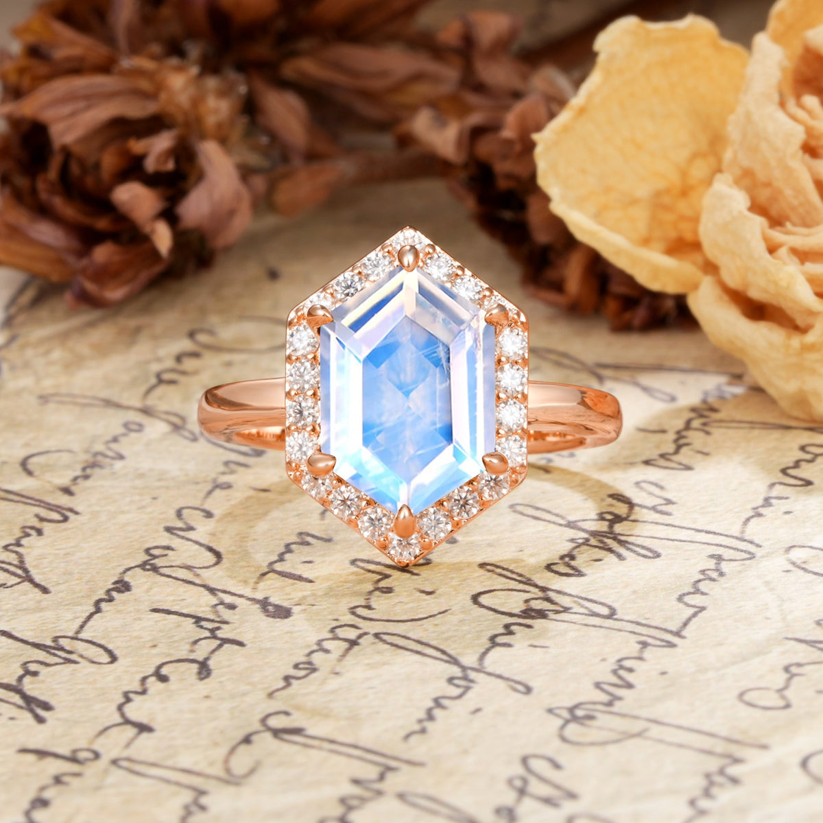 Luxurious Vintage 6-Prong Hexagonal Cut Moonstone Engagement Ring - Additional view