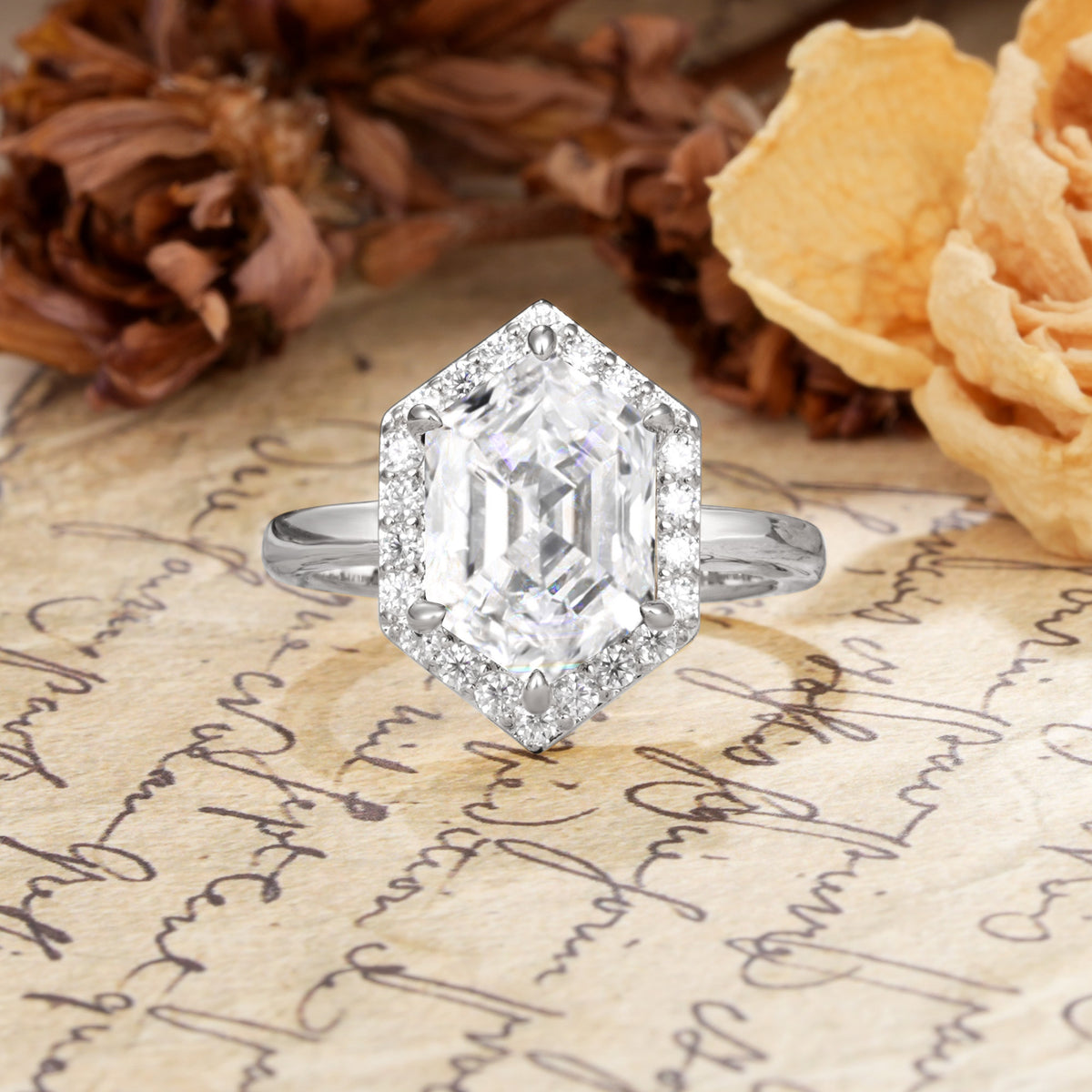 Luxurious Vintage 6-Prong Hexagonal Cut Moissanite Engagement Ring - Additional view
