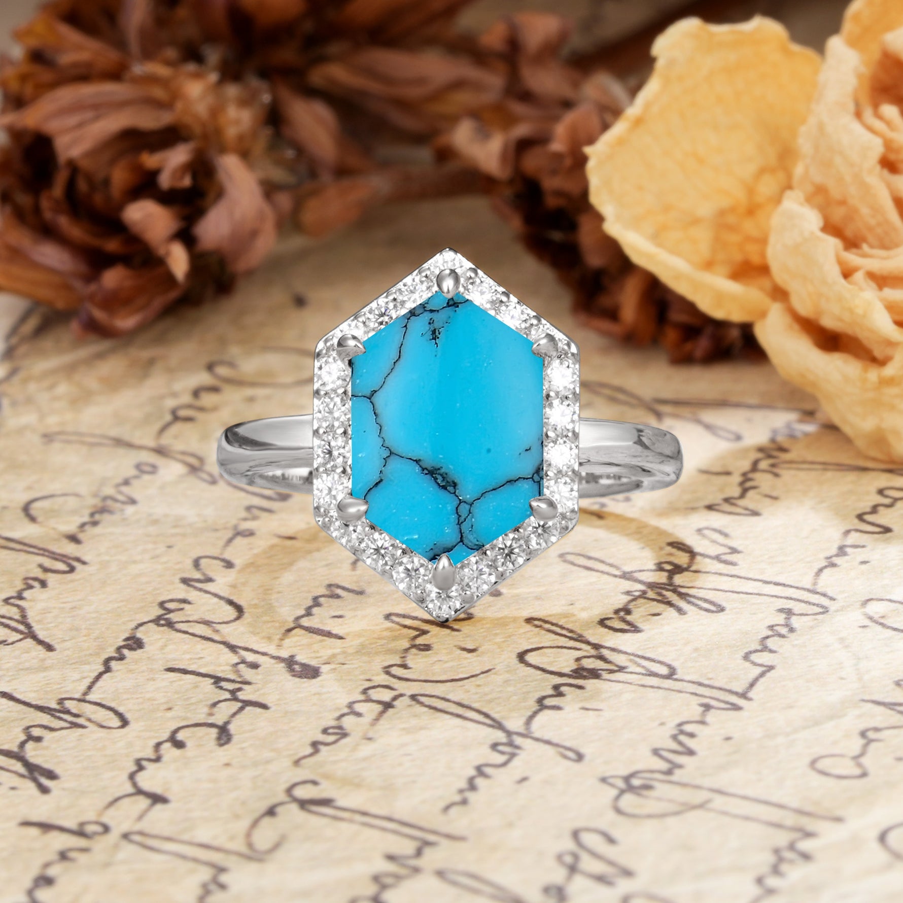 Luxurious Vintage 6-Prong Hexagonal Cut Turquoise Engagement Ring - Additional view
