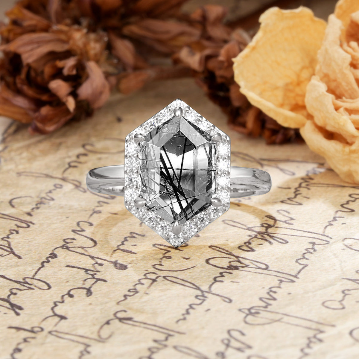 Luxurious Vintage 6-Prong Hexagonal Cut Black Rutilated Quartz Engagement Ring - Additional view