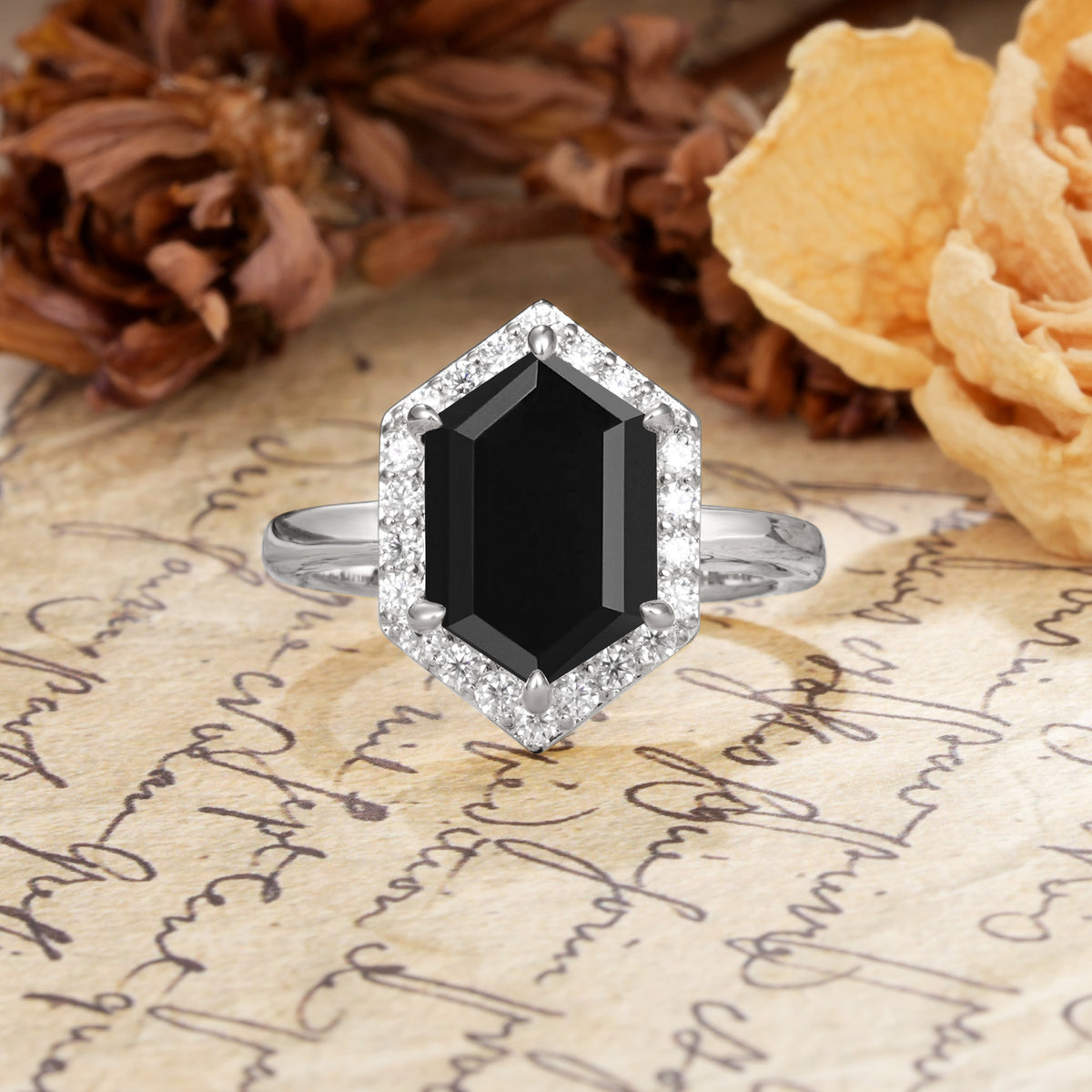 Luxurious Vintage 6-Prong Hexagonal Cut Black Onyx Engagement Ring - Additional view