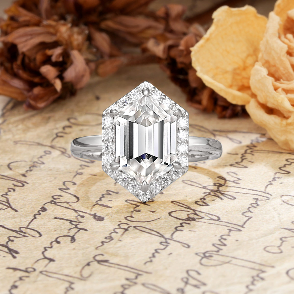 Luxurious Vintage 6-Prong Hexagonal Cut Lab Diamond Engagement Ring - Additional view