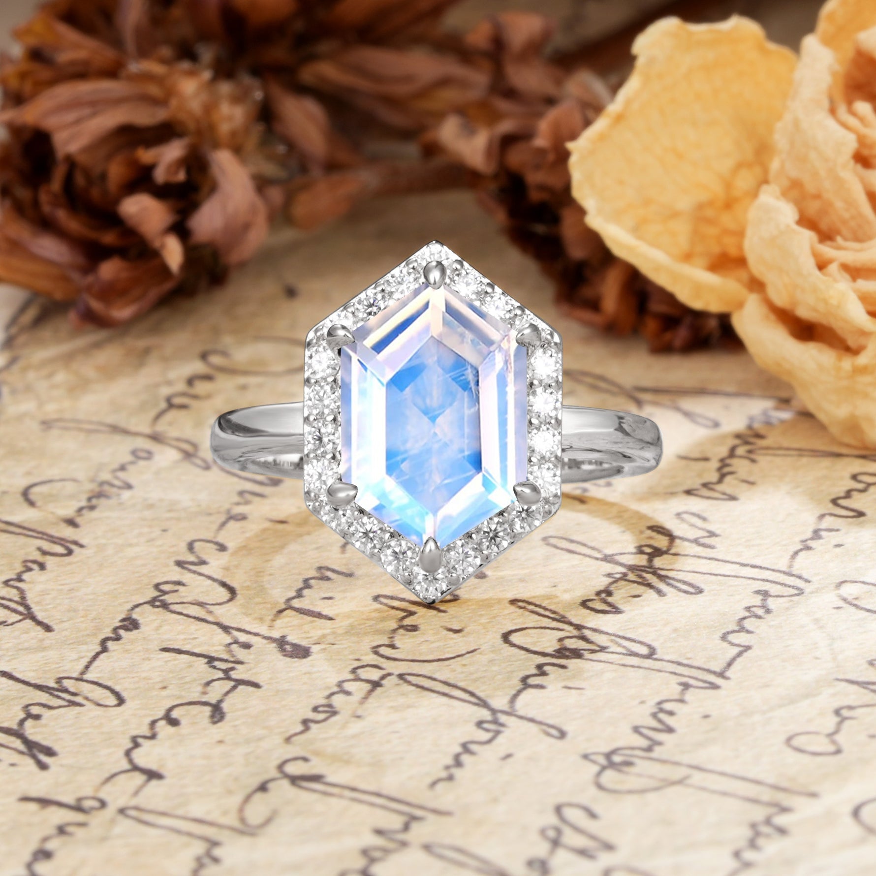 Luxurious Vintage 6-Prong Hexagonal Cut Moonstone Engagement Ring - Additional view