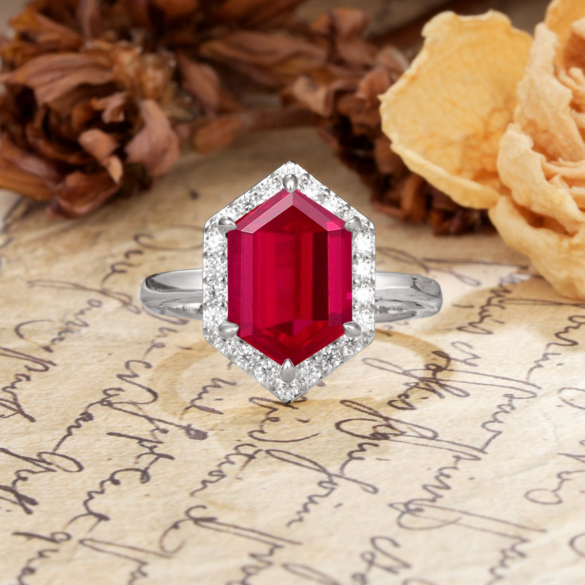 Luxurious Vintage 6-Prong Hexagonal Cut Ruby Engagement Ring - Additional view