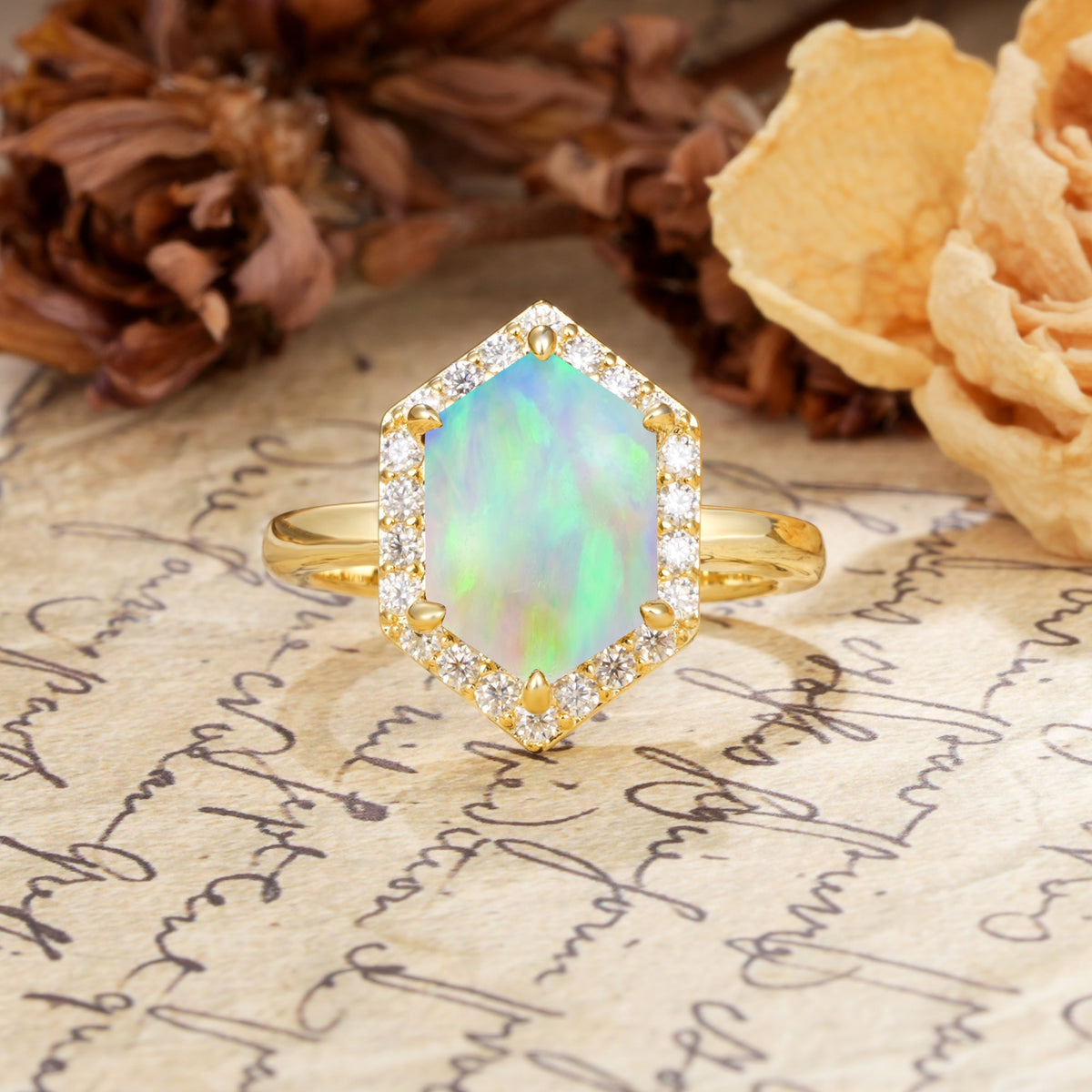 Luxurious Vintage 6-Prong Hexagonal Cut Fire Opal Engagement Ring - Additional view