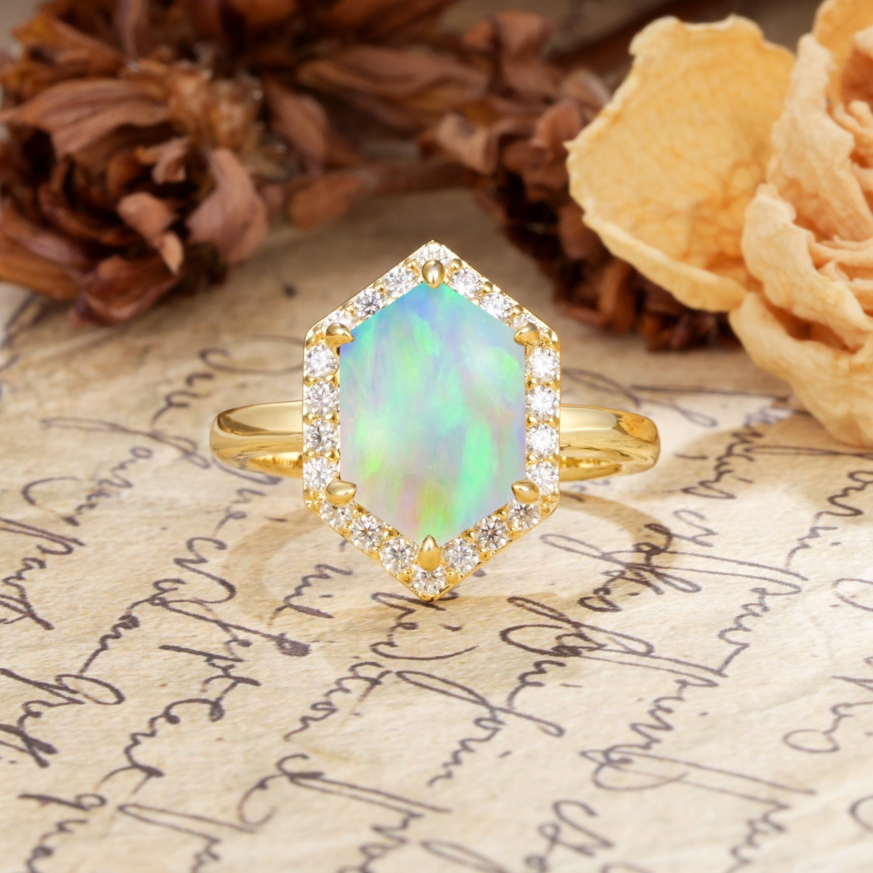 Luxurious Vintage 6-Prong Hexagonal Cut Fire Opal Engagement Ring - Additional view