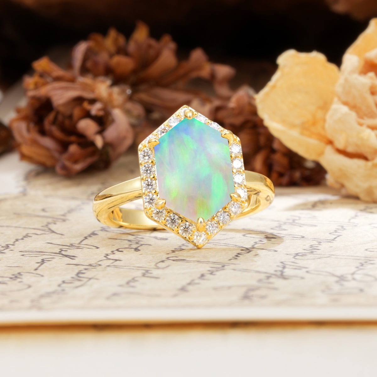 Luxurious Vintage 6-Prong Hexagonal Cut Fire Opal Engagement Ring - Additional view